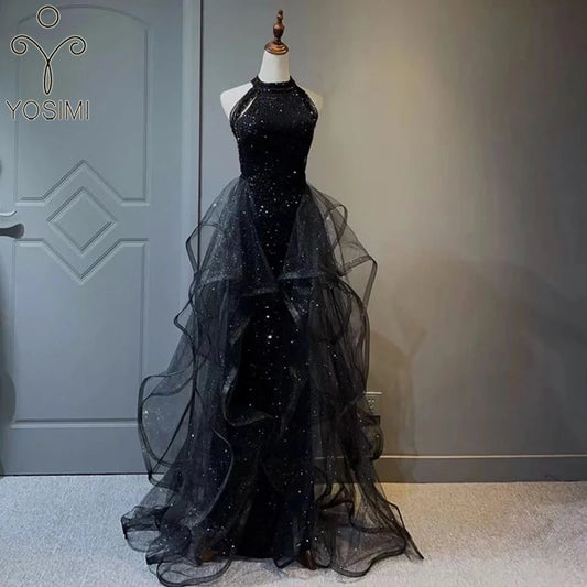 YOSIMI Women Evening Party Long Dress 2023 Summer Vintage Mesh Floor-Length Sleeveless Black Dress Trumpet Sexy Mermaid Vestido