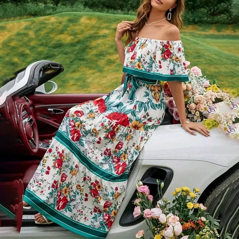 Amazon Off-shoulder Printing Long Dress New Arrival European American Foreign Trade Spring Summer Season Women Fashion