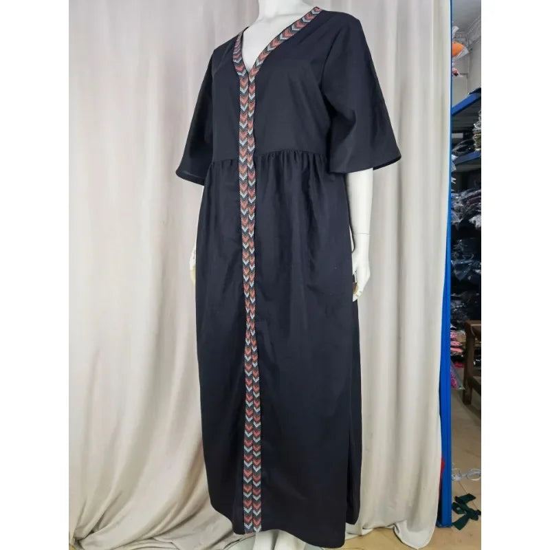 Women's Summer Commuting Oversized V-neck Short Sleeved Long Dress with Loose and Elegant Line Splicing Casual Long Dress