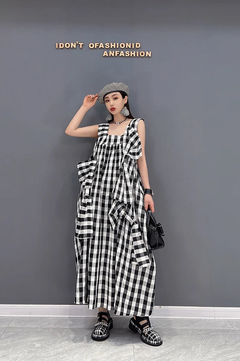 NYFS 2025 Summer New Plaid Dresses Backless Sleeveless Patchwork Bow Small Fresh Minority Elegant Loose Plus Size Long Dress