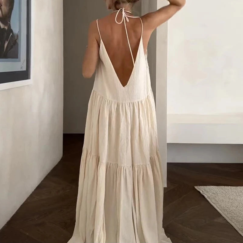 Women Casual Solid Pleat Irregular Long Dress Spring Sexy Double V Neck Backless Hollow Dress Summer Loose Lace-up Sling Dresses