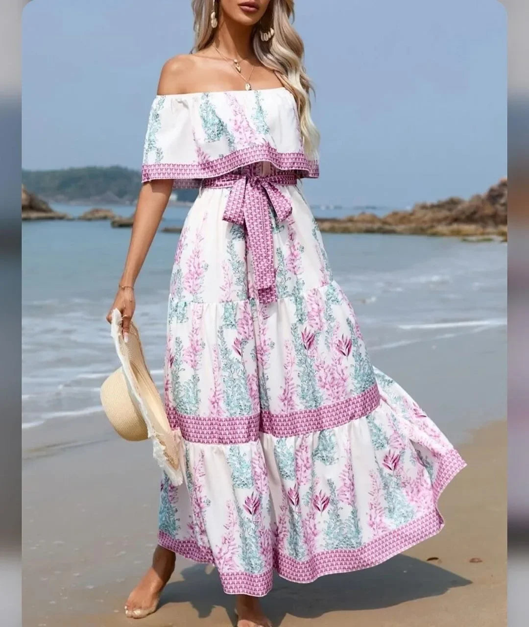 Amazon Off-shoulder Printing Long Dress New Arrival European American Foreign Trade Spring Summer Season Women Fashion