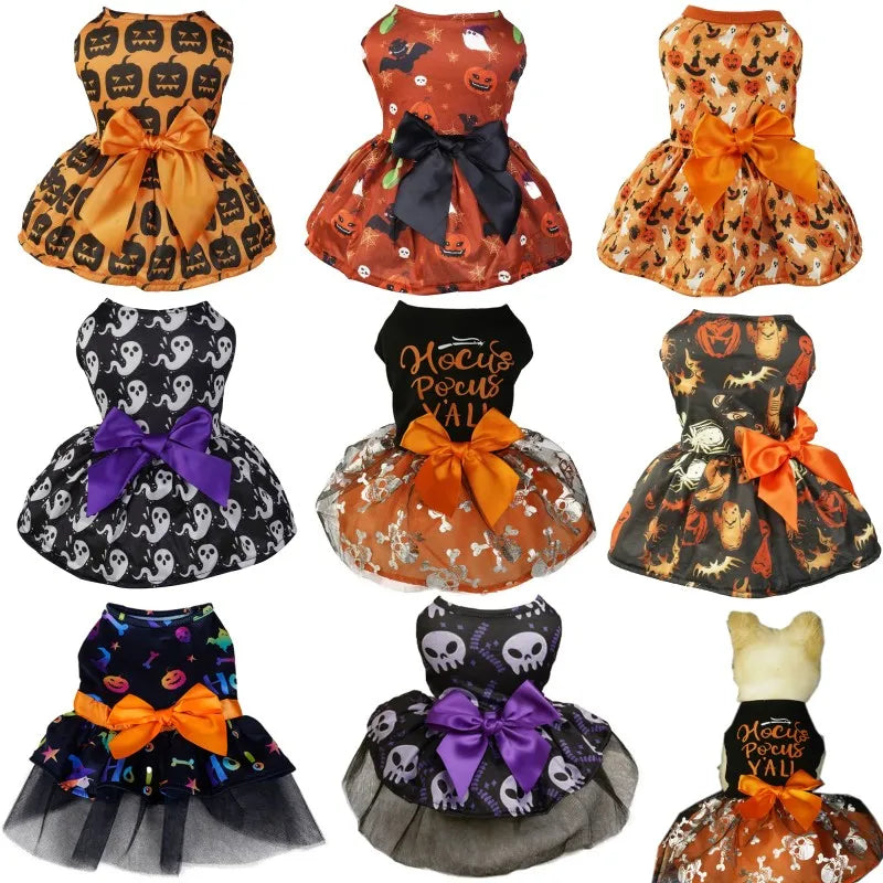 Halloween Dog Clothes  Funny Pet Dress Pumpkin Print Dress Chihuahua Yorkie Bow Mesh Dress Pet Party Clothing Cat Dog Costume