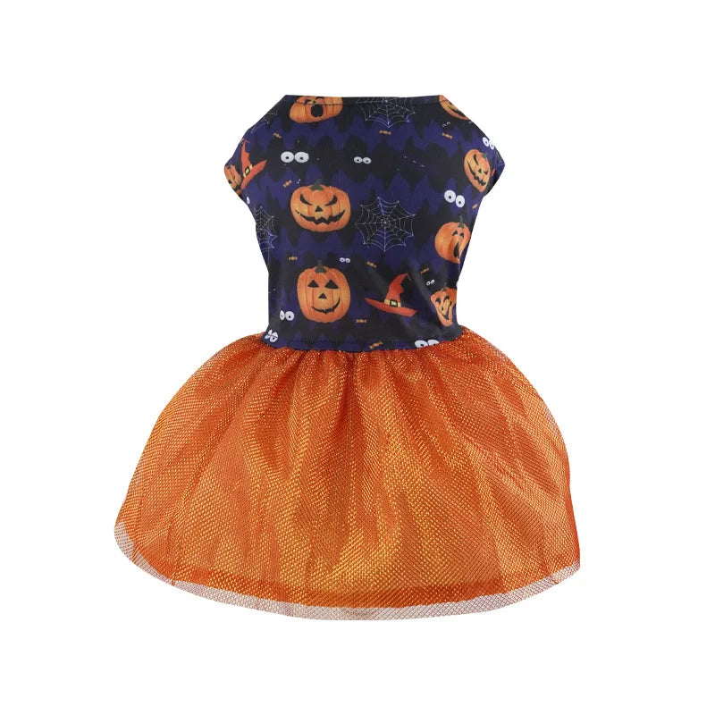Halloween Dog Clothes  Funny Pet Dress Pumpkin Print Dress Chihuahua Yorkie Bow Mesh Dress Pet Party Clothing Cat Dog Costume