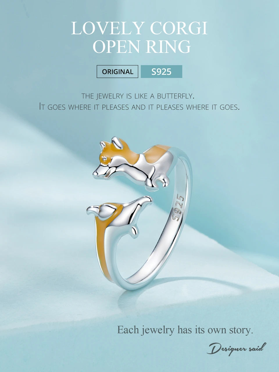 WOSTU 925 Sterling Silver Cute Yellow Corgi Dog Pet Opening Ring Girl Daily Wear Animal Adjustable Rings Gift For family Daugter
