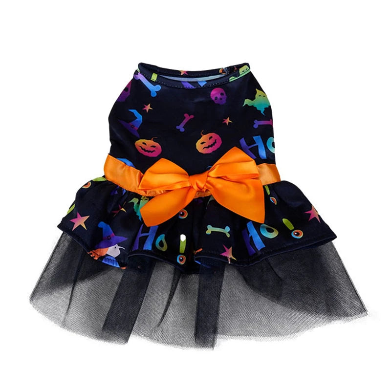 Halloween Dog Clothes  Funny Pet Dress Pumpkin Print Dress Chihuahua Yorkie Bow Mesh Dress Pet Party Clothing Cat Dog Costume