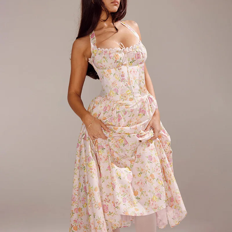 Townlike Waist Wrap Print A-line Elegant Midi Long Dress Women Halter 2024 Spring Summer Dress Backless Sexy Party Dresses