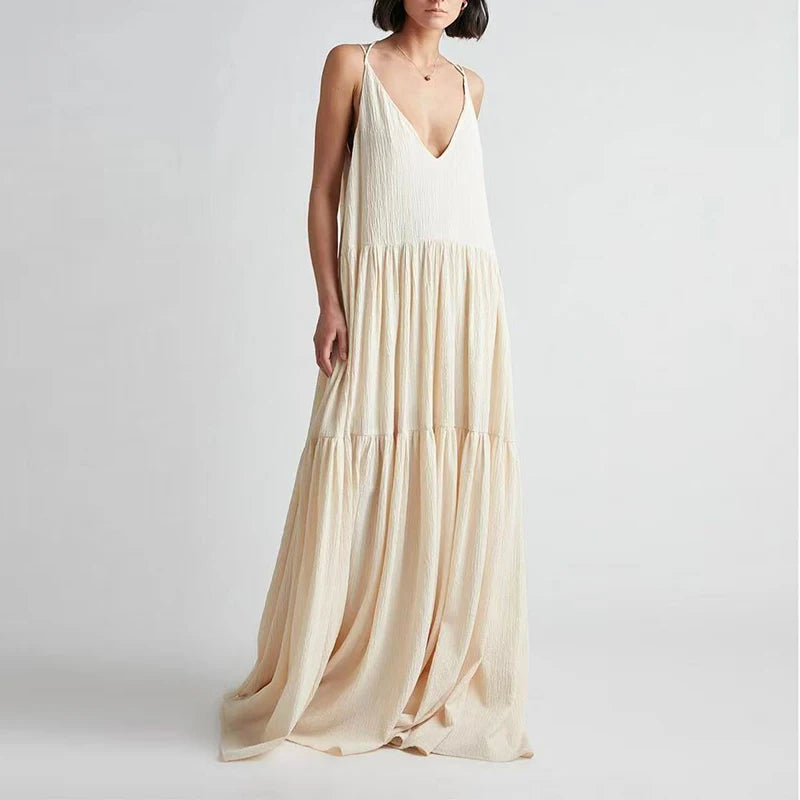 Women Casual Solid Pleat Irregular Long Dress Spring Sexy Double V Neck Backless Hollow Dress Summer Loose Lace-up Sling Dresses