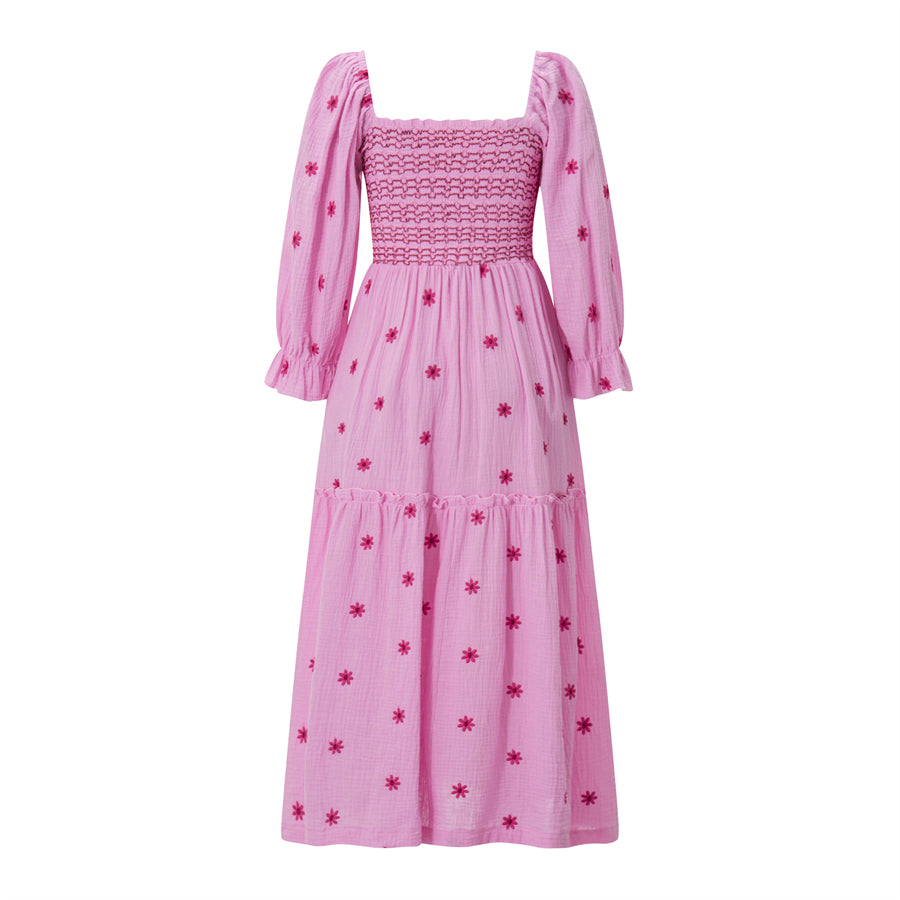 wsevypo Retro Embroidered Flowers Flowy Long Dress Women's Long Puff Sleeve Square Neck Smocked A-Line Dress for Beach Vacation