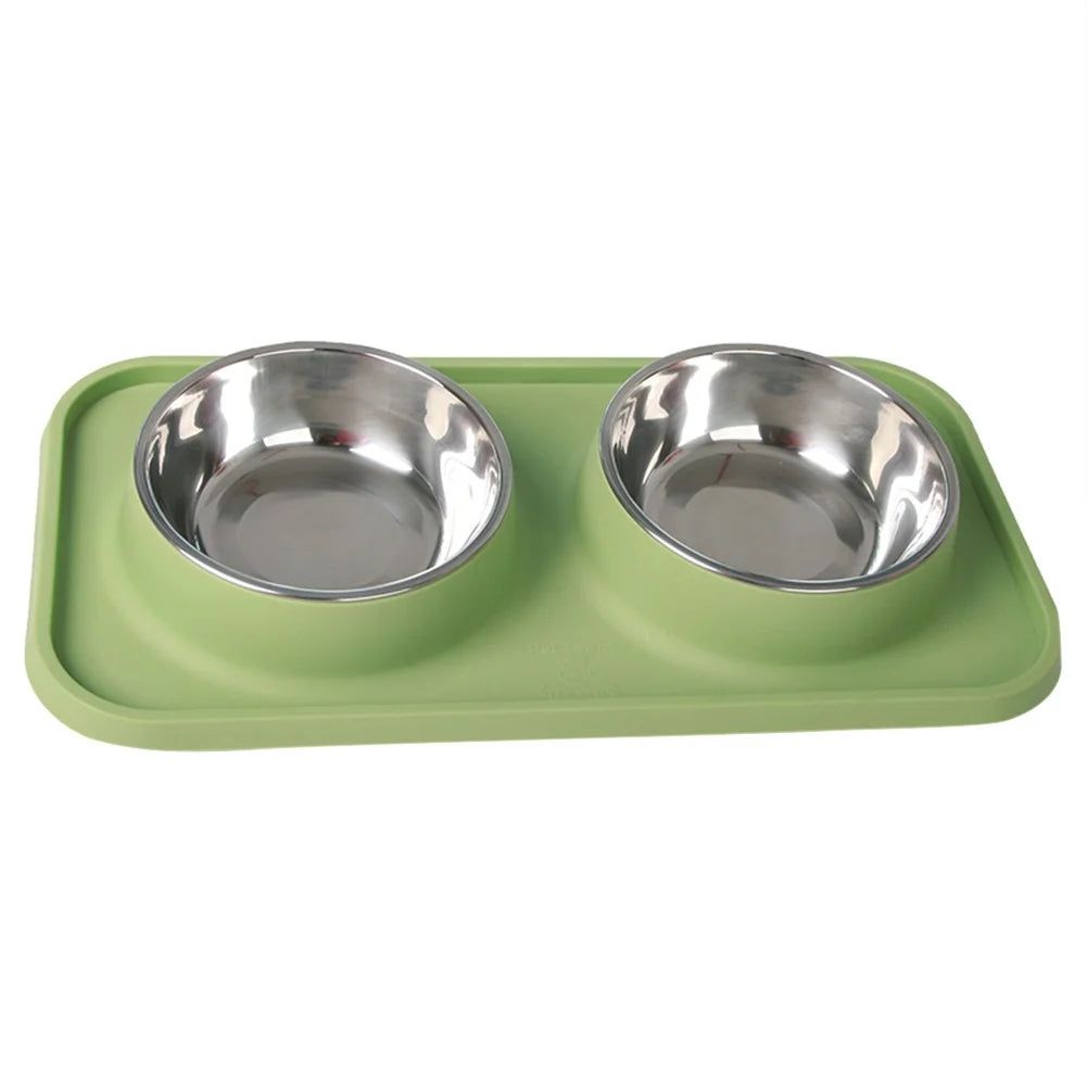 Double Dog Bowl With Silicone Mat Non-Slip Cat Bowl Stainless Steel Water Food Feeder Pet Feeding Drinking Bowls for Dogs Cats