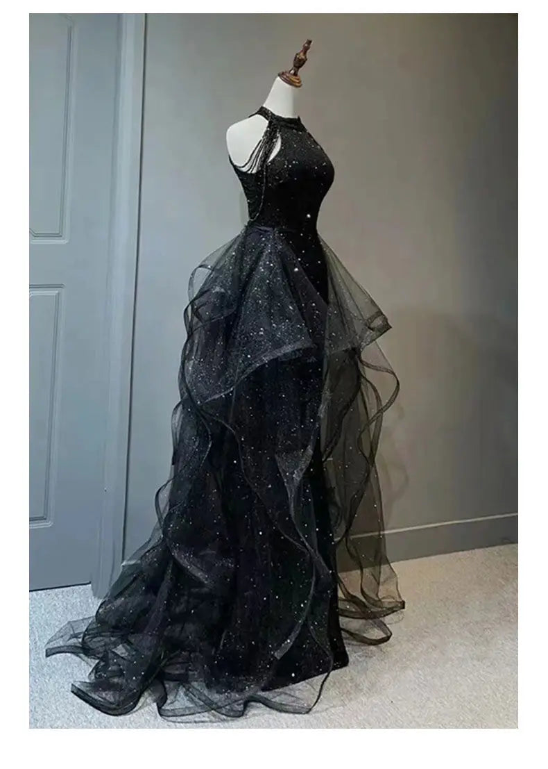 YOSIMI Women Evening Party Long Dress 2023 Summer Vintage Mesh Floor-Length Sleeveless Black Dress Trumpet Sexy Mermaid Vestido