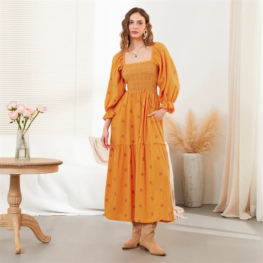wsevypo Retro Embroidered Flowers Flowy Long Dress Women's Long Puff Sleeve Square Neck Smocked A-Line Dress for Beach Vacation