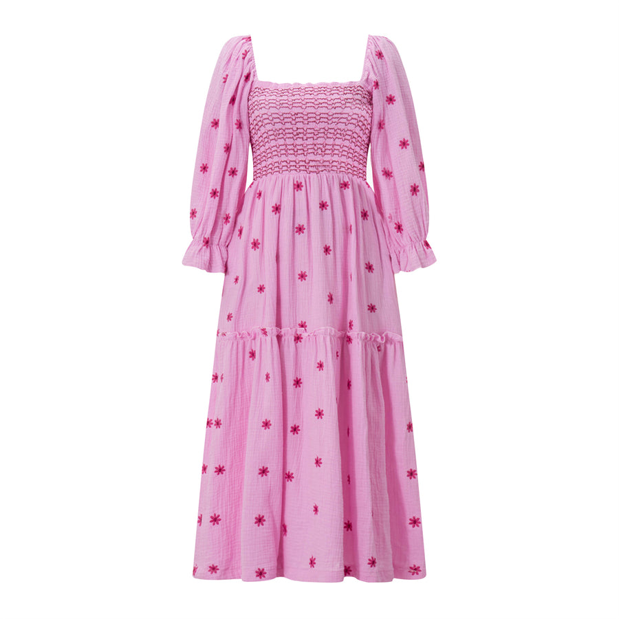wsevypo Retro Embroidered Flowers Flowy Long Dress Women's Long Puff Sleeve Square Neck Smocked A-Line Dress for Beach Vacation