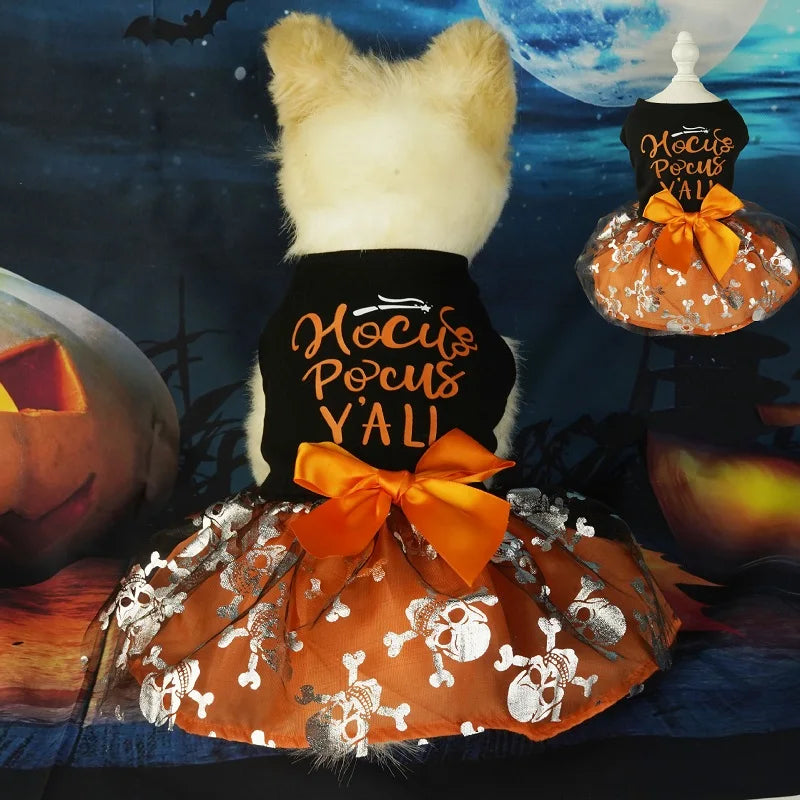 Halloween Dog Clothes  Funny Pet Dress Pumpkin Print Dress Chihuahua Yorkie Bow Mesh Dress Pet Party Clothing Cat Dog Costume