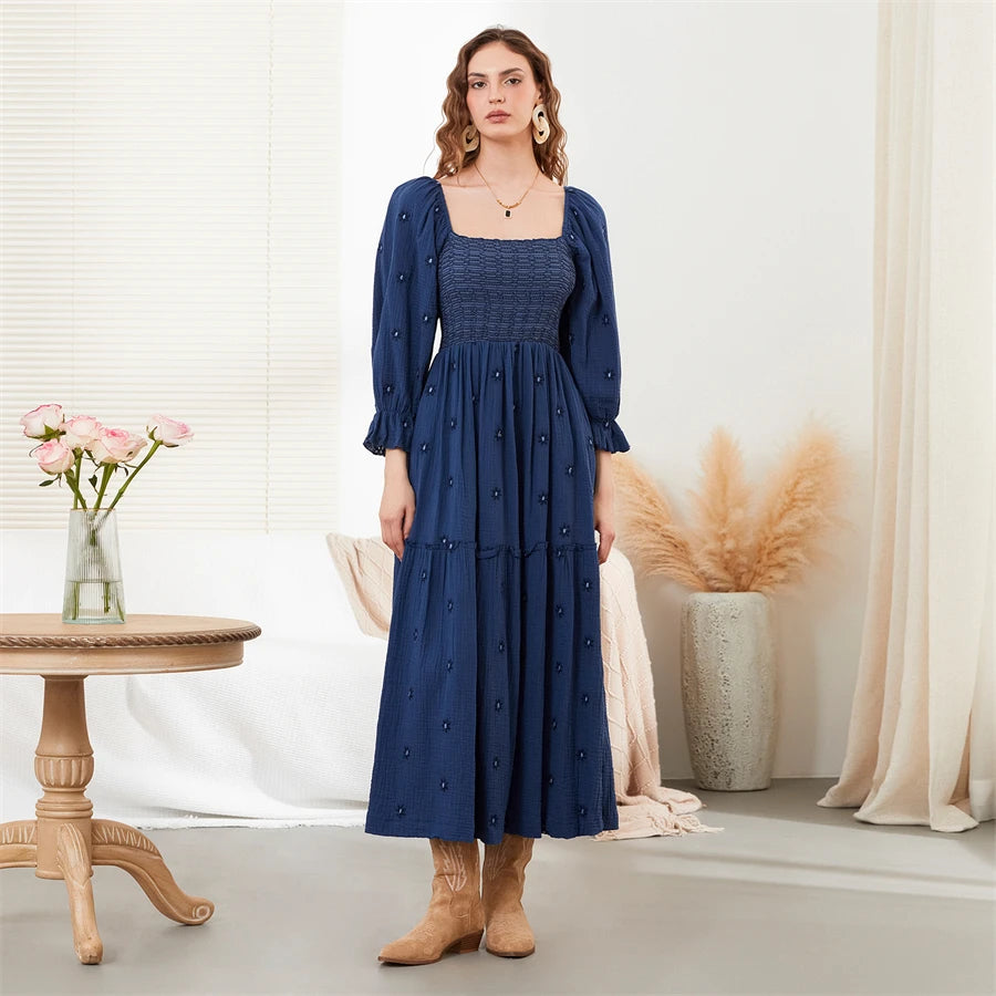 wsevypo Retro Embroidered Flowers Flowy Long Dress Women's Long Puff Sleeve Square Neck Smocked A-Line Dress for Beach Vacation