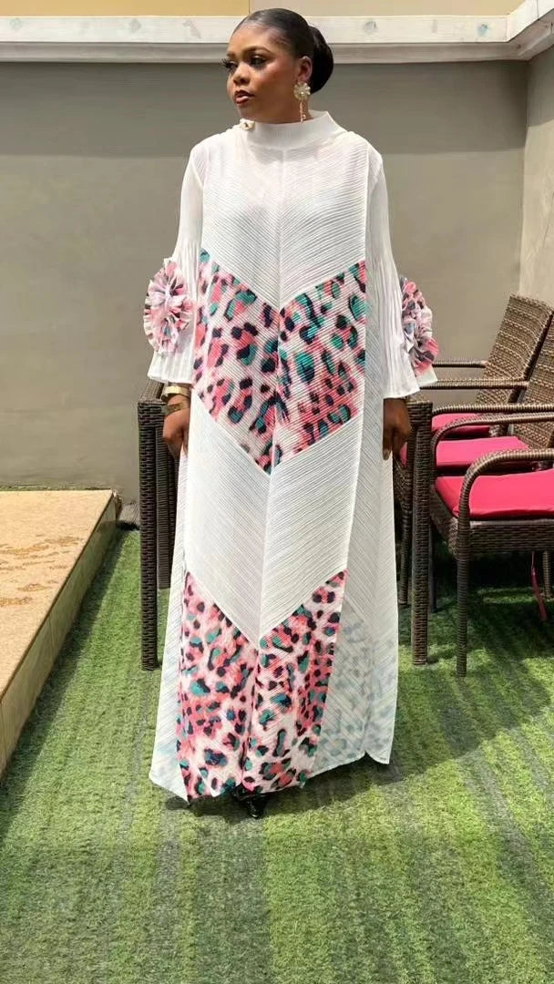 2024 Miyake Fashion Splicing Leopard Print Maxi Dress with Round Neck Hand Shake Flower Horn Sleeves Long Loose Fit Long Dress