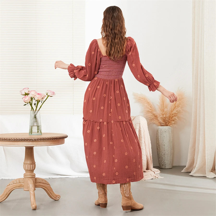 wsevypo Retro Embroidered Flowers Flowy Long Dress Women's Long Puff Sleeve Square Neck Smocked A-Line Dress for Beach Vacation