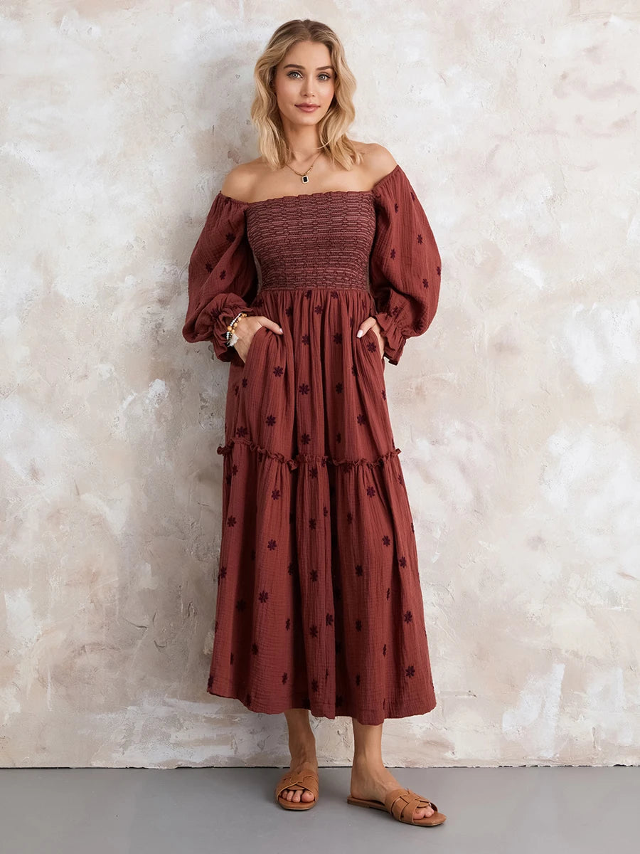 wsevypo Retro Embroidered Flowers Flowy Long Dress Women's Long Puff Sleeve Square Neck Smocked A-Line Dress for Beach Vacation