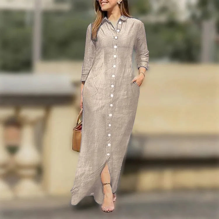 2025 New Dress Spring Summer Women's Plus Size Elegant Neutral Style Cotton Linen Long Dress Long Sleeved Lapel Solid Color