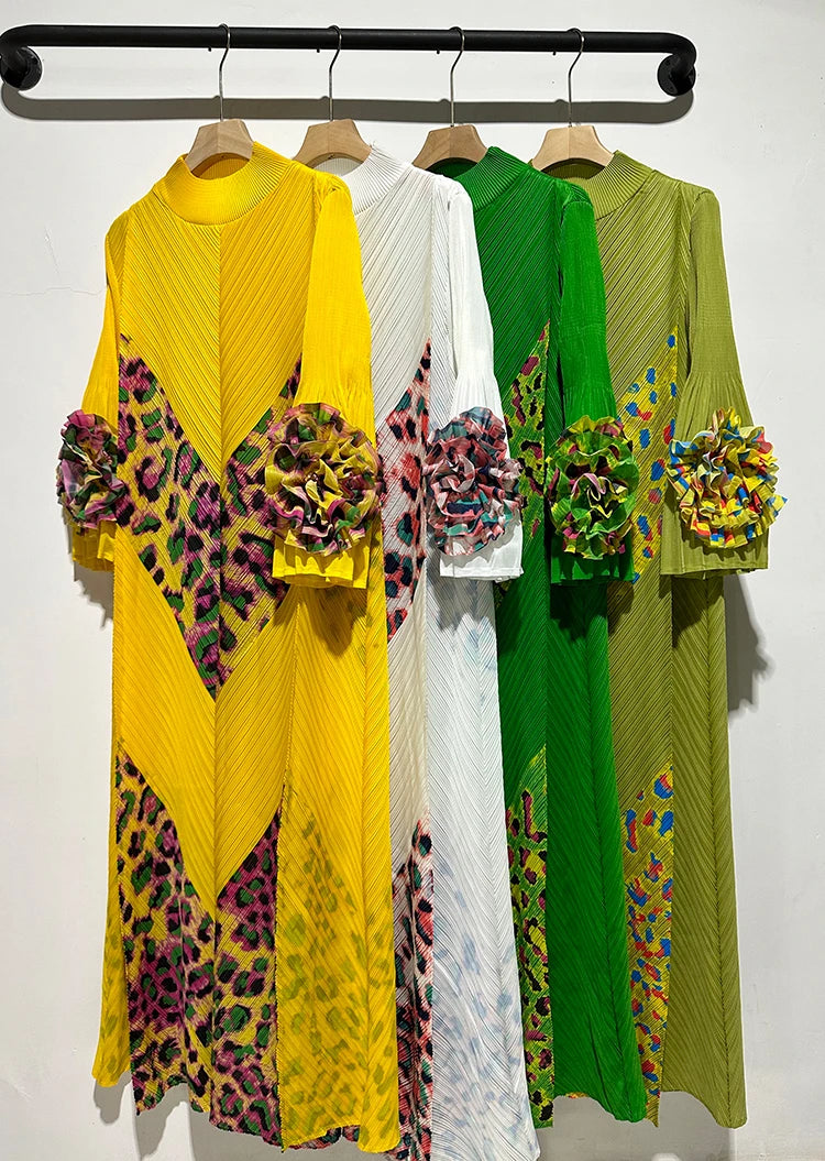 2024 Miyake Fashion Splicing Leopard Print Maxi Dress with Round Neck Hand Shake Flower Horn Sleeves Long Loose Fit Long Dress