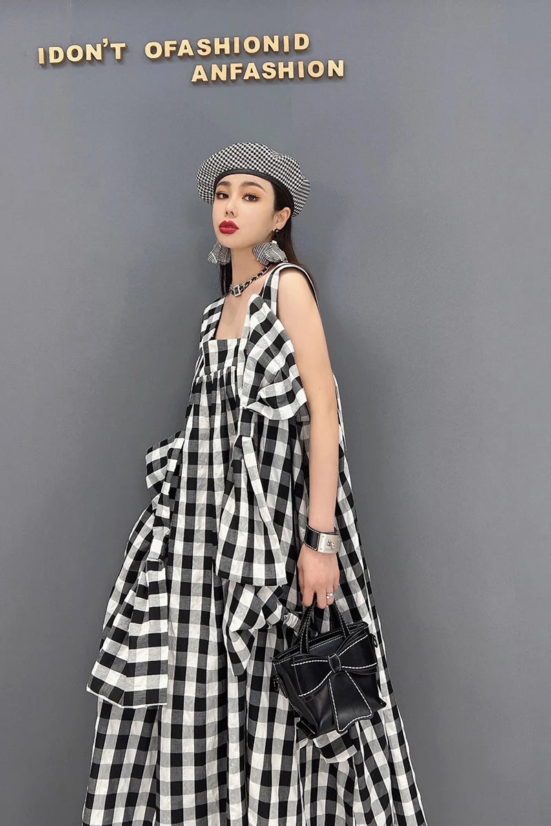 NYFS 2025 Summer New Plaid Dresses Backless Sleeveless Patchwork Bow Small Fresh Minority Elegant Loose Plus Size Long Dress