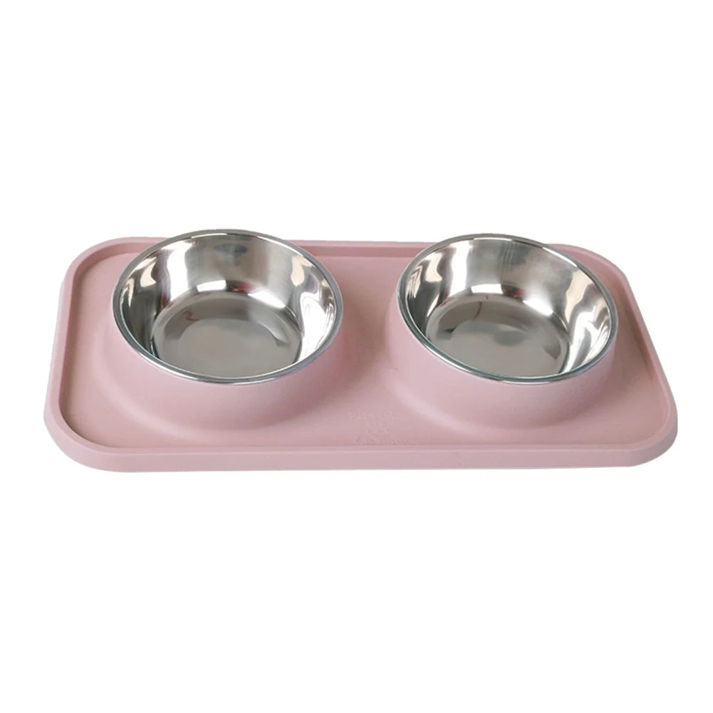 Double Dog Bowl With Silicone Mat Non-Slip Cat Bowl Stainless Steel Water Food Feeder Pet Feeding Drinking Bowls for Dogs Cats