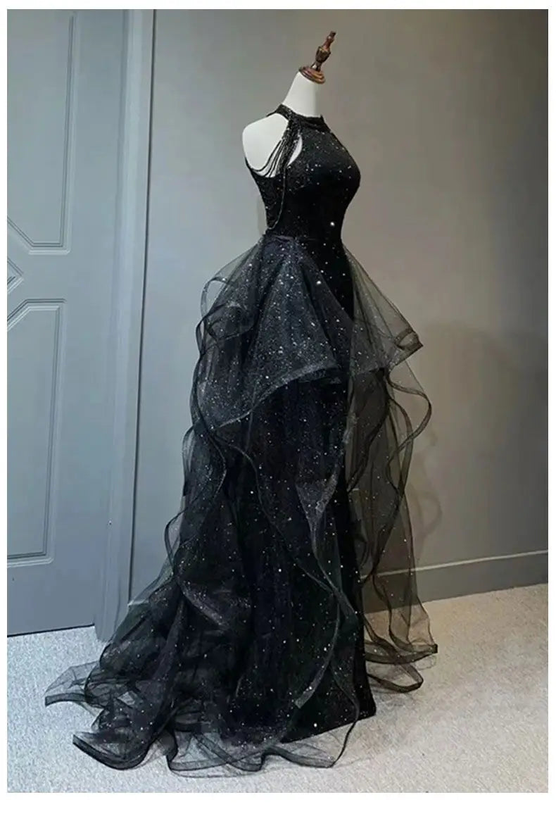 YOSIMI Women Evening Party Long Dress 2023 Summer Vintage Mesh Floor-Length Sleeveless Black Dress Trumpet Sexy Mermaid Vestido