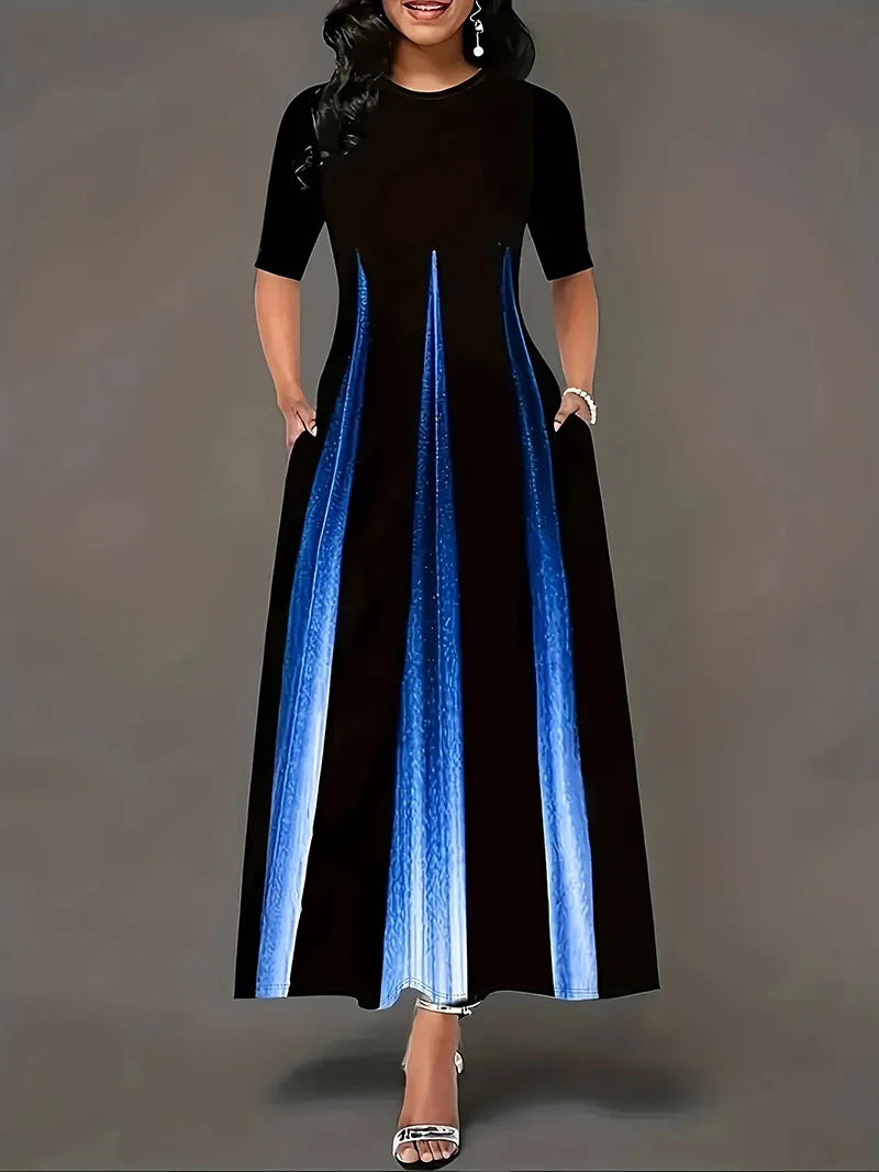 Summer New Round Neck Style Celebrity Printed Gradient Long Dress