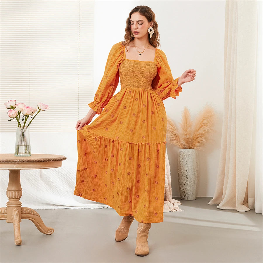 wsevypo Retro Embroidered Flowers Flowy Long Dress Women's Long Puff Sleeve Square Neck Smocked A-Line Dress for Beach Vacation