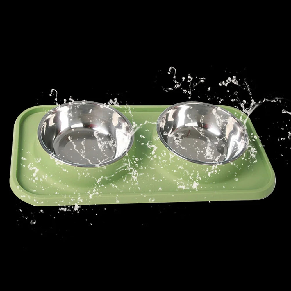 Double Dog Bowl With Silicone Mat Non-Slip Cat Bowl Stainless Steel Water Food Feeder Pet Feeding Drinking Bowls for Dogs Cats