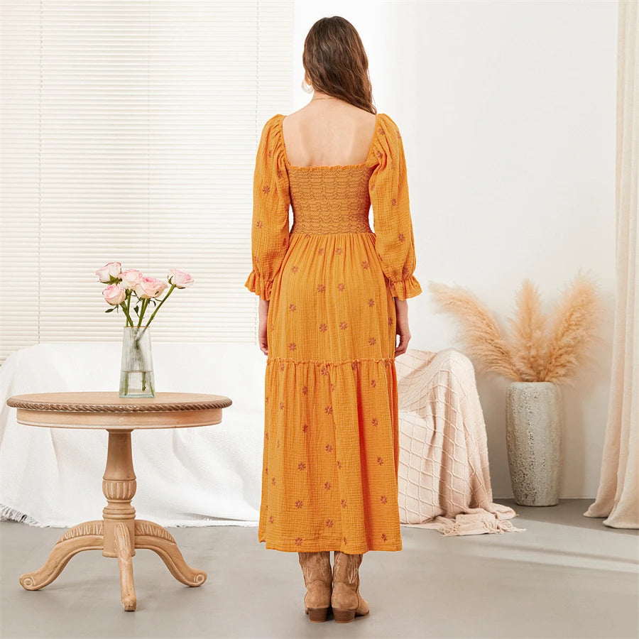wsevypo Retro Embroidered Flowers Flowy Long Dress Women's Long Puff Sleeve Square Neck Smocked A-Line Dress for Beach Vacation