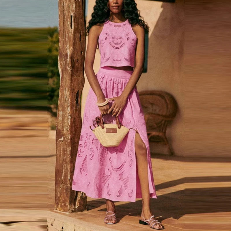 Sexy O Neck Sleeveless Top and Long Skirt Suit Summer Fashion Hollow Lace Solid Color Women's Set 2024 New Loose Holiday Outfits