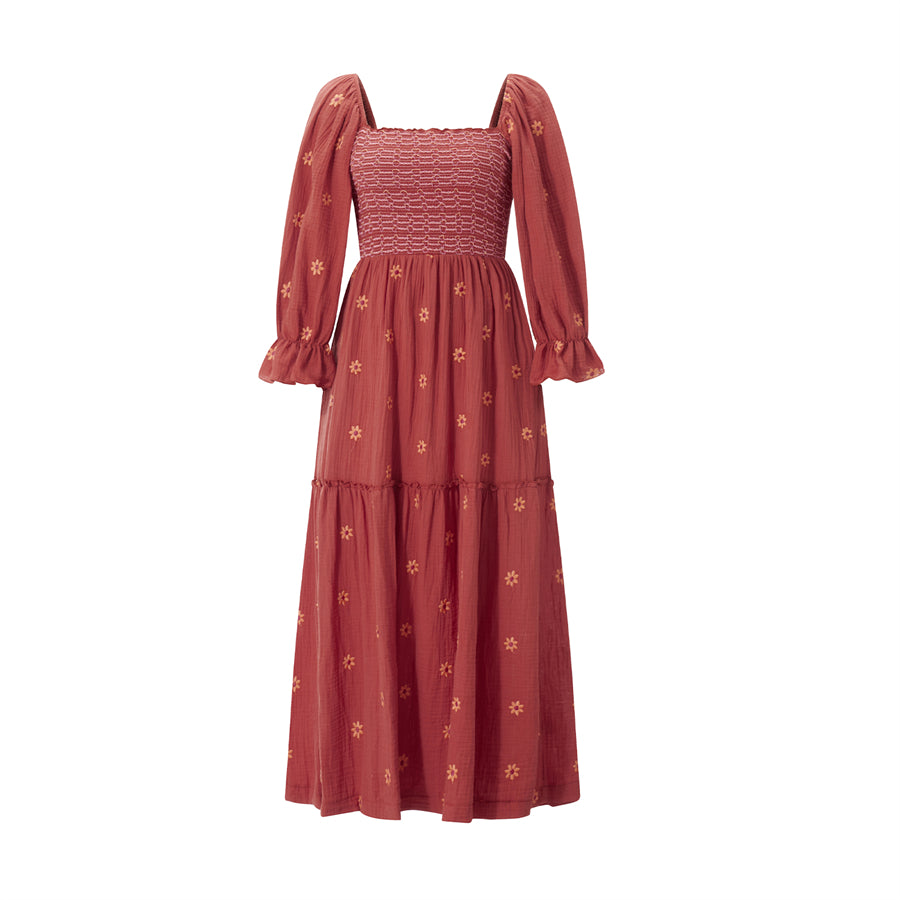 wsevypo Retro Embroidered Flowers Flowy Long Dress Women's Long Puff Sleeve Square Neck Smocked A-Line Dress for Beach Vacation