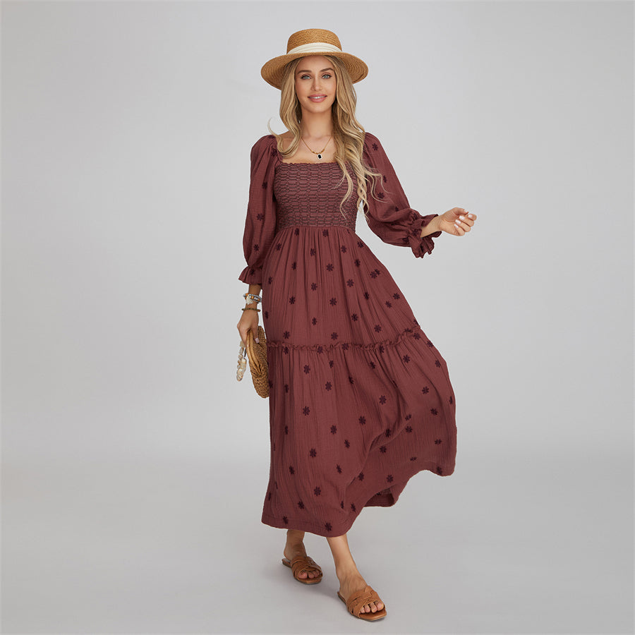 wsevypo Retro Embroidered Flowers Flowy Long Dress Women's Long Puff Sleeve Square Neck Smocked A-Line Dress for Beach Vacation