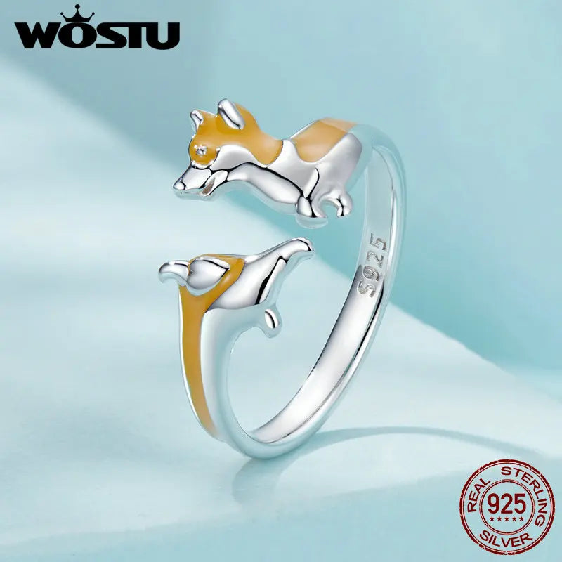 WOSTU 925 Sterling Silver Cute Yellow Corgi Dog Pet Opening Ring Girl Daily Wear Animal Adjustable Rings Gift For family Daugter