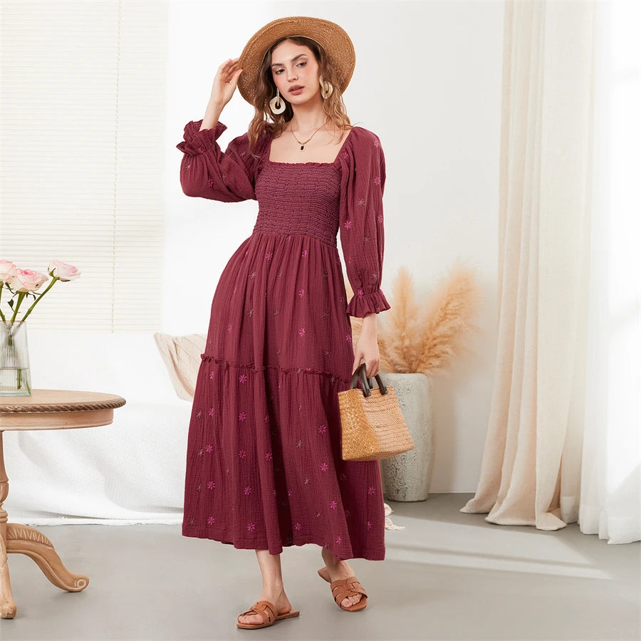 wsevypo Retro Embroidered Flowers Flowy Long Dress Women's Long Puff Sleeve Square Neck Smocked A-Line Dress for Beach Vacation