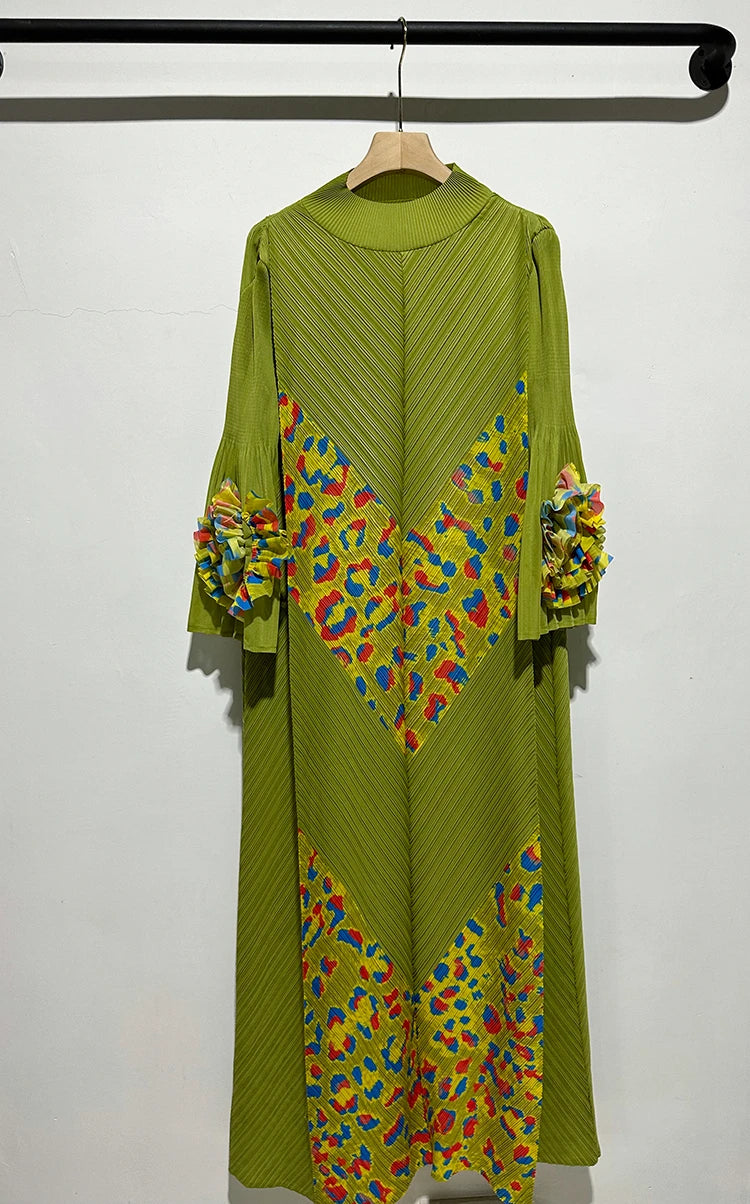 2024 Miyake Fashion Splicing Leopard Print Maxi Dress with Round Neck Hand Shake Flower Horn Sleeves Long Loose Fit Long Dress