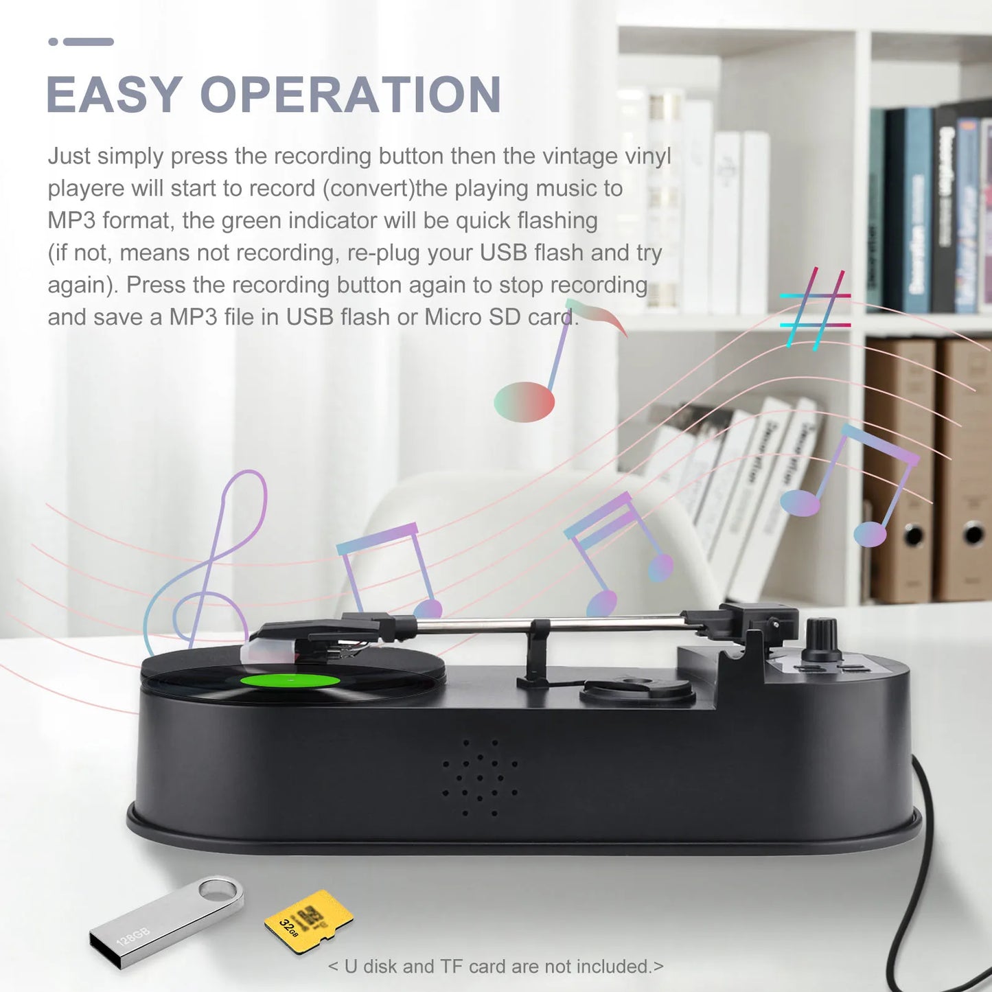 Radio Set 33/45 PRM LP Turntable to MP3 Converter Vinyl to MP3 Converter Turntable with 5V DC Adapter with Micro SD Card Slot