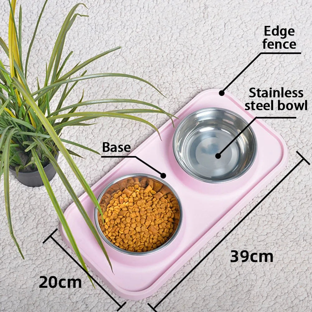 Double Dog Bowl With Silicone Mat Non-Slip Cat Bowl Stainless Steel Water Food Feeder Pet Feeding Drinking Bowls for Dogs Cats