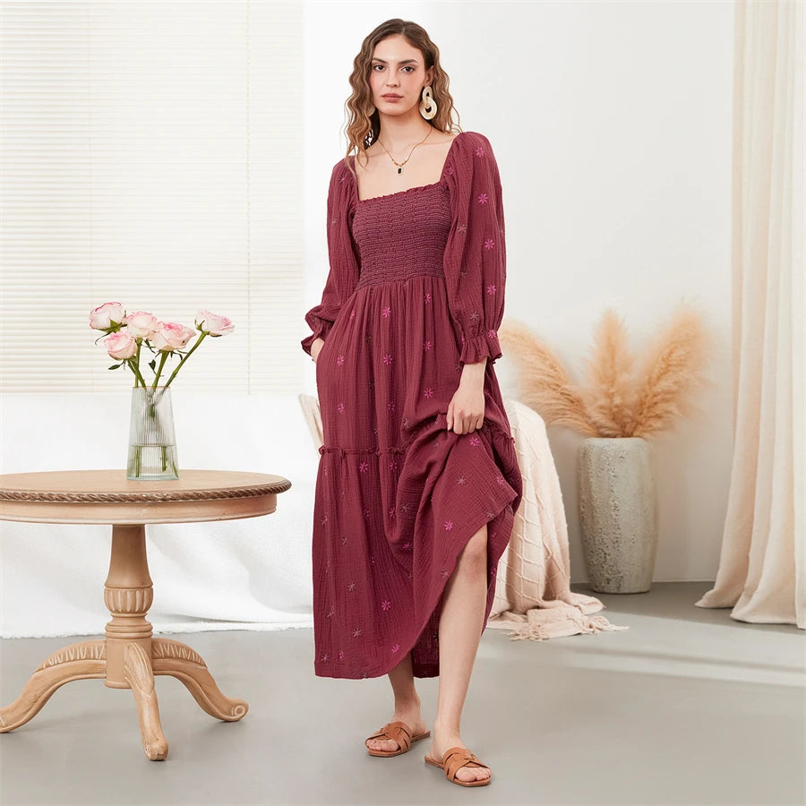 wsevypo Retro Embroidered Flowers Flowy Long Dress Women's Long Puff Sleeve Square Neck Smocked A-Line Dress for Beach Vacation