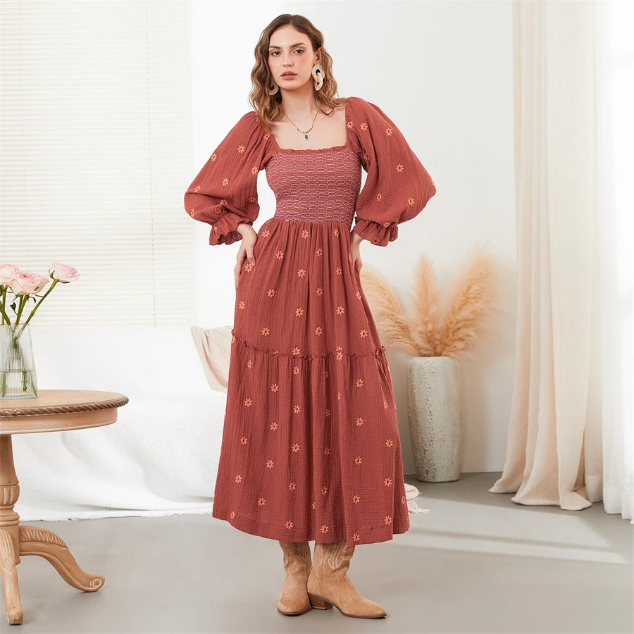 wsevypo Retro Embroidered Flowers Flowy Long Dress Women's Long Puff Sleeve Square Neck Smocked A-Line Dress for Beach Vacation