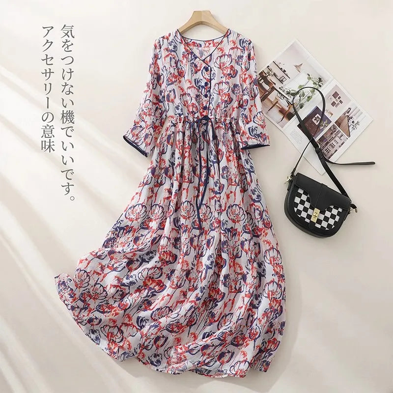 Vintage Single-breasted V-Neck Half Sleeve Women Dresses Literature Drawstring Pockets Ladies Long Dress Vestidos Para Mujer