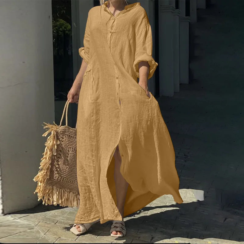 2025 Women's Casual Cotton Linen Long Dress Solid Long Sleeve Oversize Shirt Dresses Female Fashion Loose Ladies' Clothing Dress