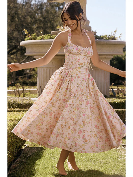 Townlike Waist Wrap Print A-line Elegant Midi Long Dress Women Halter 2024 Spring Summer Dress Backless Sexy Party Dresses
