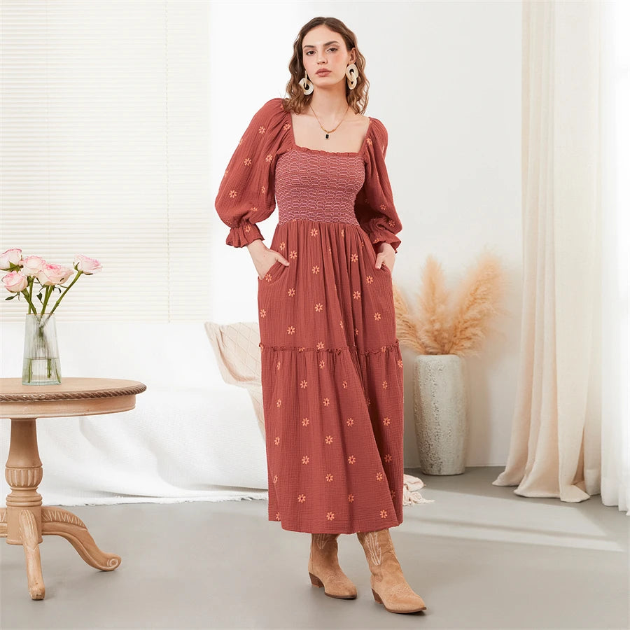 wsevypo Retro Embroidered Flowers Flowy Long Dress Women's Long Puff Sleeve Square Neck Smocked A-Line Dress for Beach Vacation