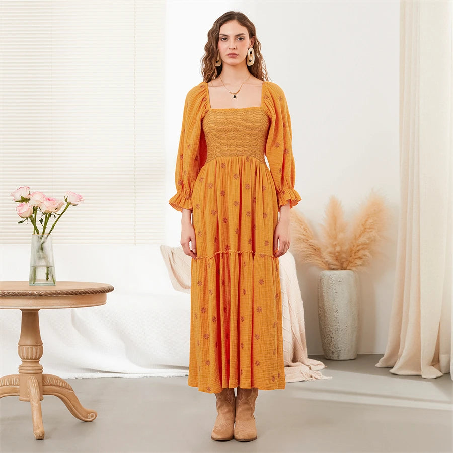 wsevypo Retro Embroidered Flowers Flowy Long Dress Women's Long Puff Sleeve Square Neck Smocked A-Line Dress for Beach Vacation