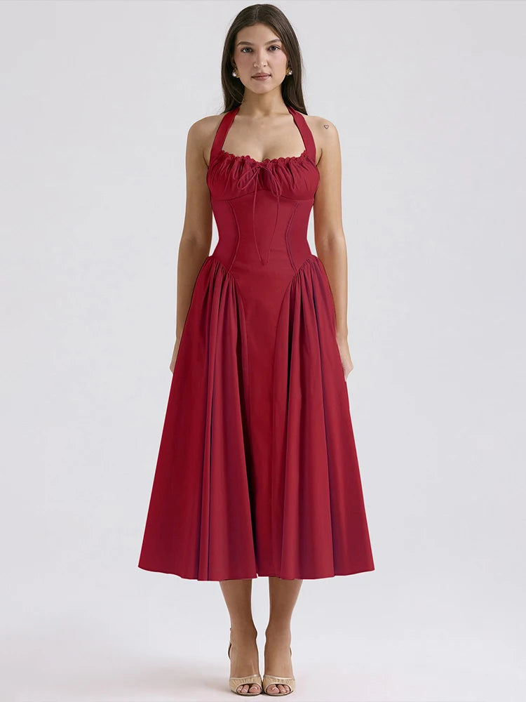 Townlike Waist Wrap Print A-line Elegant Midi Long Dress Women Halter 2024 Spring Summer Dress Backless Sexy Party Dresses