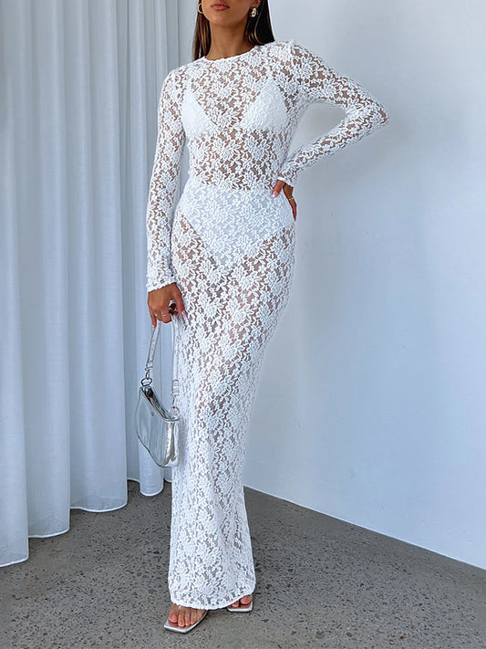 Women s Lace Long Dress Vintage Long Sleeve Round Neck Solid Color Bodycon Dress Party Gown