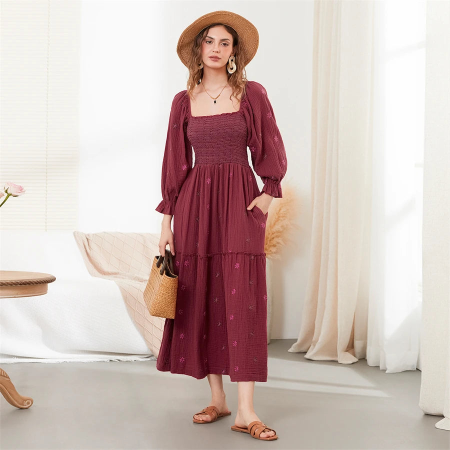 wsevypo Retro Embroidered Flowers Flowy Long Dress Women's Long Puff Sleeve Square Neck Smocked A-Line Dress for Beach Vacation