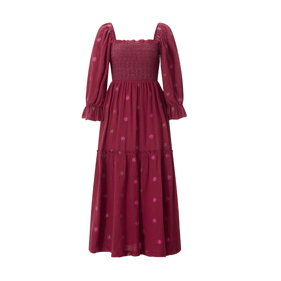 wsevypo Retro Embroidered Flowers Flowy Long Dress Women's Long Puff Sleeve Square Neck Smocked A-Line Dress for Beach Vacation